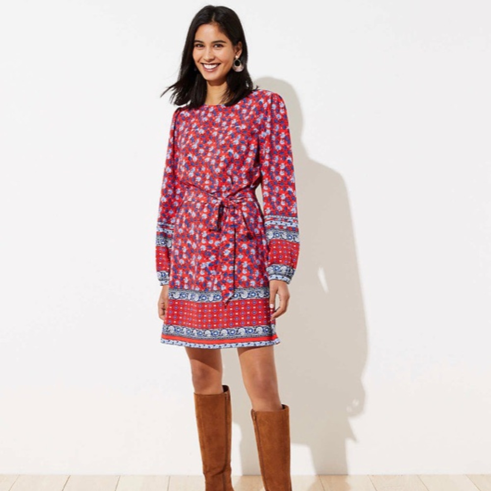 Loft Border Floral Tie Waist Dress